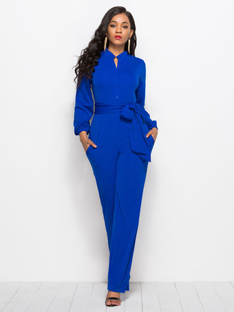 ディープブルー女性のための黒の V ネック長袖レース アップ ライクラスパンデックス ジャンプスーツ