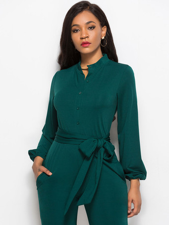 女性のための黒の V ネック長袖レース アップ ライクラスパンデックス ジャンプスーツ