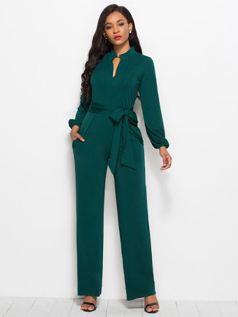 ダークグリーン女性のための黒の V ネック長袖レース アップ ライクラスパンデックス ジャンプスーツ