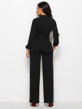 女性のための黒の V ネック長袖レース アップ ライクラスパンデックス ジャンプスーツ