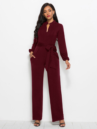 レッド 女性のための黒の V ネック長袖レース アップ ライクラスパンデックス ジャンプスーツ