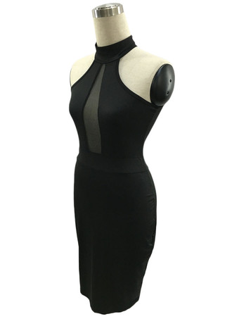 レディースブラッククラブドレスVネックカットアウトノースリーブポリエステルカップレスセクシーボディコンドレス