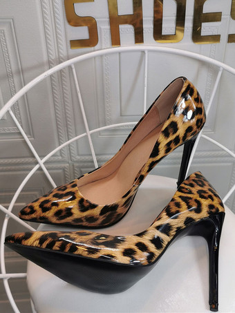 レディース コーヒーブラウン パンプス スティレットヒール ポインテッドトゥ ヒョウ柄 パテントPU カジュアル セクシーヒール