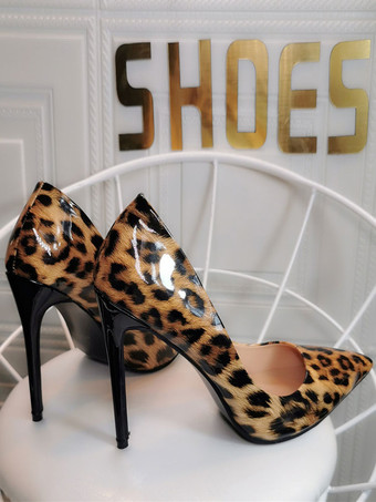 レディース コーヒーブラウン パンプス スティレットヒール ポインテッドトゥ ヒョウ柄 パテントPU カジュアル セクシーヒール