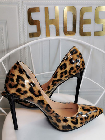 レディース コーヒーブラウン パンプス スティレットヒール ポインテッドトゥ ヒョウ柄 パテントPU カジュアル セクシーヒール