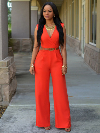 オレンジ ホワイト Vネック ノースリーブ サッシュ オフショルダー ライクラ スパンデックス ジャンプスーツ レディース