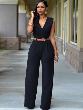 ブラック ホワイト Vネック ノースリーブ サッシュ オフショルダー ライクラ スパンデックス ジャンプスーツ レディース