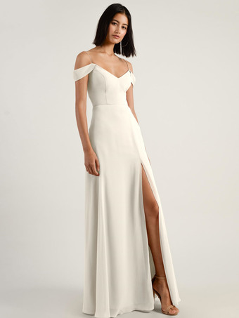 アイボリーアイボリー イブニング Aライン バトーネック マキシレングス 半袖 ジッパー スプリットフロント ストレッチクレープ ページェント ウェディングゲストドレス 自由なカスタマイズ