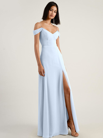 ベビーブルーアイボリー イブニング Aライン バトーネック マキシレングス 半袖 ジッパー スプリットフロント ストレッチクレープ ページェント ウェディングゲストドレス 自由なカスタマイズ