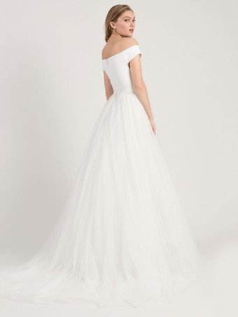White Simple Causal Wedding Dress 2025 A-Line Bateau Neck Off-Shoulder Sleeveless line Pleated Tulle Bridal Dresses Free Customization