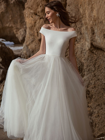 Blanco sencillo vestido de novia causal 2024 A-Line Bateau cuello fuera del hombro sin mangas línea plisada tul vestidos de novia