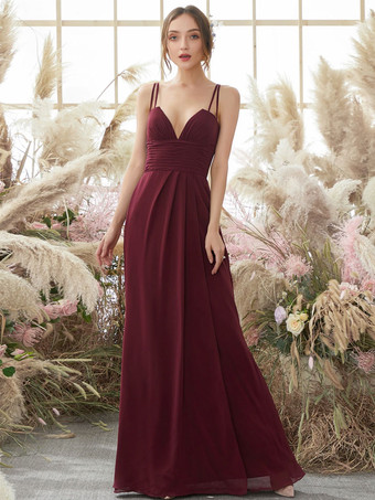 Burgundy Bridesmaid Dresses A-Line V-Neck Sleeveless Backless Floor-Length Zipper Prom Dress