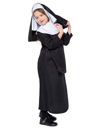 Kids Nun Costumes Costumes Noir One Piece Hood Hood Polyester Enfants Halloween Costumes Set complet