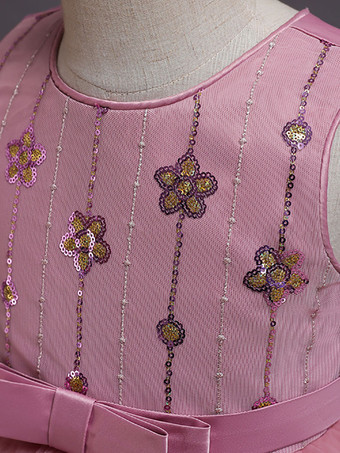 フラワーガールドレスAラインジュエルネックノースリーブレッドボウポリエステルスパンコールチュールポリエステルコットンキッズソーシャルパーティードレスプリンセスドレス