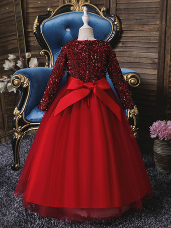 フラワーガールドレスVネックチュール長袖足首丈Aラインボウブルゴーニュキッズソーシャルパーティードレス