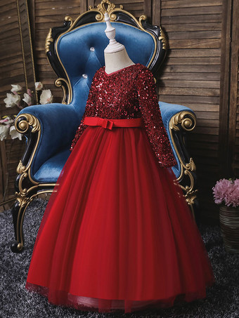 フラワーガールドレスVネックチュール長袖足首丈Aラインボウブルゴーニュキッズソーシャルパーティードレス