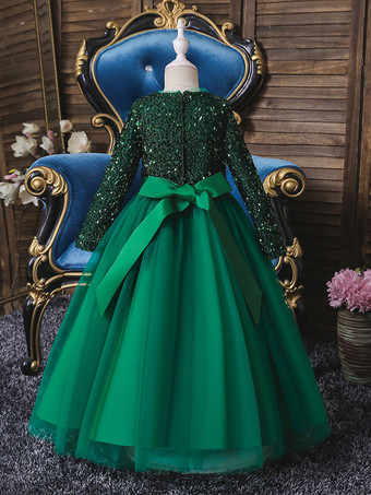 グリーン フラワーガールドレスVネックチュール長袖足首丈Aラインボウブルゴーニュキッズソーシャルパーティードレス