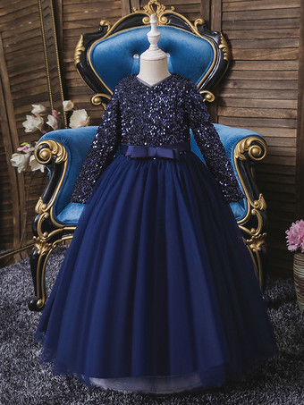 ダークネイビーフラワーガールドレスVネックチュール長袖足首丈Aラインボウブルゴーニュキッズソーシャルパーティードレス