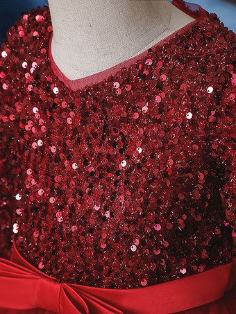 フラワーガールドレスVネックチュール長袖足首丈Aラインボウブルゴーニュキッズソーシャルパーティードレス