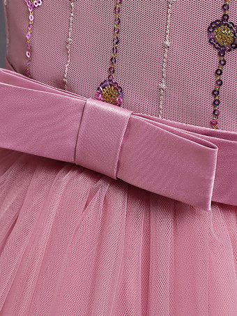 フラワーガールドレスAラインジュエルネックノースリーブレッドボウポリエステルスパンコールチュールポリエステルコットンキッズソーシャルパーティードレスプリンセスドレス