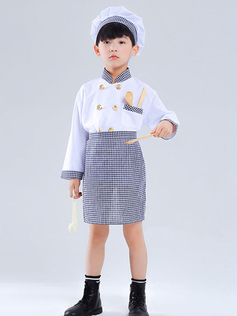 blanc Costumes pour enfants Chef Cosplay chapeau blanc vêtements tablier ensemble 3 pièces Costume d'halloween en polyester