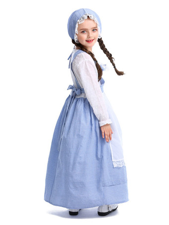 Costume Enfants Laitier Filles Cosplay Fille Bébé Bleu Polyester Chapeau Robe 3 Pièces Ensemble Halloween Fermier Cosplay Déguisement Halloween