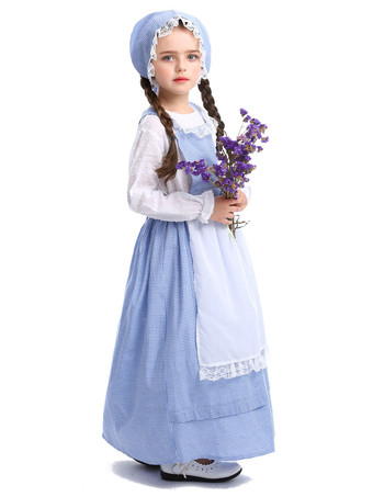 Costume Enfants Laitier Filles Cosplay Fille Bébé Bleu Polyester Chapeau Robe 3 Pièces Ensemble Halloween Fermier Cosplay Déguisement Halloween