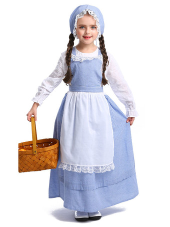 Costume Enfants Laitier Filles Cosplay Fille Bébé Bleu Polyester Chapeau Robe 3 Pièces Ensemble Halloween Fermier Cosplay Déguisement Halloween