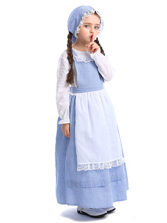 Costume Enfants Laitier Filles Cosplay Fille Bébé Bleu Polyester Chapeau Robe 3 Pièces Ensemble Halloween Fermier Cosplay Déguisement Halloween