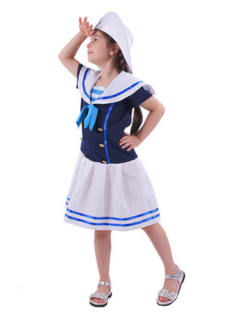 Costume d'Enfants Style Marine Cosplay Blanc Bleu Robe Chapeau 2 Pièces Ensemble Déguisement d'Halloween