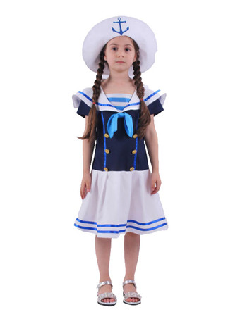 Vert FoncéCostume d'Enfants Style Marine Cosplay Blanc Bleu Robe Chapeau 2 Pièces Ensemble Déguisement d'Halloween