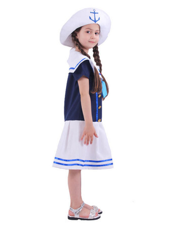 Costume d'Enfants Style Marine Cosplay Blanc Bleu Robe Chapeau 2 Pièces Ensemble Déguisement d'Halloween