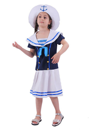 Costume d'Enfants Style Marine Cosplay Blanc Bleu Robe Chapeau 2 Pièces Ensemble Déguisement d'Halloween