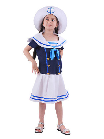 Costume d'Enfants Style Marine Cosplay Blanc Bleu Robe Chapeau 2 Pièces Ensemble Déguisement d'Halloween