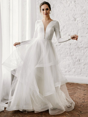 White A-Line Wedding Dresses Floor-Length Long Sleeves Tiered V-Neckline Floor Length Bridal Gowns Free Customization