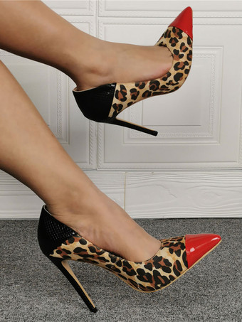 レディースハイヒールスリッポンポインテッドトゥスチレットヒールファッションプラスサイズヒョウスチレットヒール