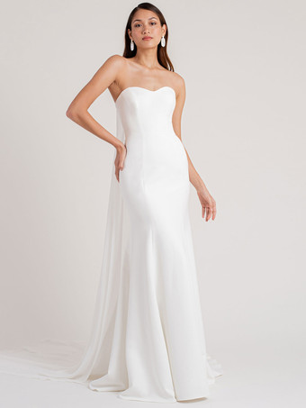Blanco simple sirena causal vestido de novia vaina sin tirantes sin mangas botones con capilla tren satén vestidos de novia