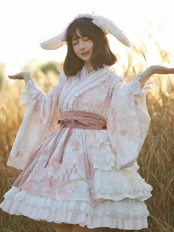 Japanische Art Lolita OP Kleid Langarm Blumendruck Rosa Schleifen Süße Lolita Einteilige Kleider