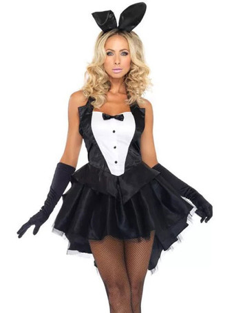 Traje de coelhinha preto vestido de uma peça luvas enfeites para a cabeça Conjunto de 3 peças de poliéster Trajes de Halloween para adultos