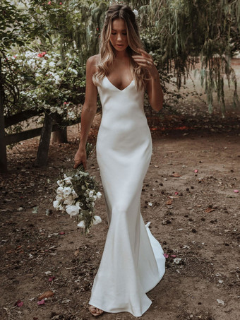 Белое простое свадебное платье-русалка с v-образным вырезом без рукавов бретели-спагетти на шнуровке с открытой спиной свадебные платья из атласной ткани бесплатная настройка