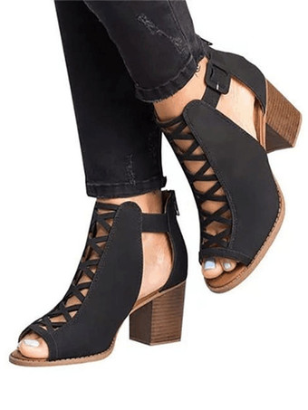 ヒールサンダル カジュアルストラップサンダル オープントゥ スティレットヒール 女性用 PUレザー ブラック
