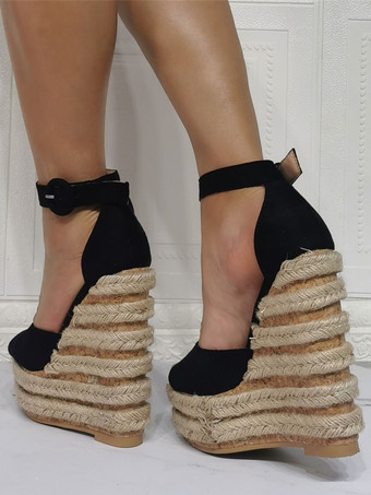 女性のための黒いウェッジサンダル美しいオープントゥマイクロスエードアッパーアンクルストラップウェッジサンダル