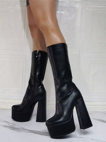 レディース セクシー プラットフォーム チャンキーヒール ドラッグクイーン ミッドカーフブーツ ブラック