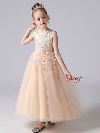 Weiße Blumenmädchenkleider Juwelenhals Ärmellose Schleifen Kinder Partykleider Prinzessin Kleid