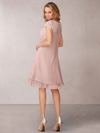 Robe de mère de mariée Robe de mariage d'invitée rose pale en chiffon col rond longueur genou