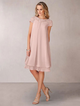Robe de mère de mariée Robe de mariage d'invitée rose pale en chiffon col rond longueur genou