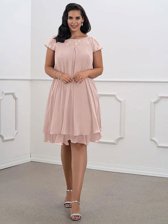 Robe de mère de mariée Robe de mariage d'invitée rose pale en chiffon col rond longueur genou