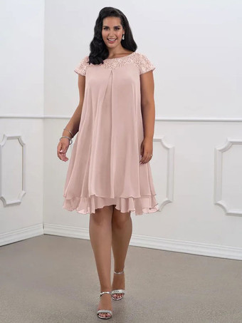 Robe de mère de mariée Robe de mariage d'invitée rose pale en chiffon col rond longueur genou