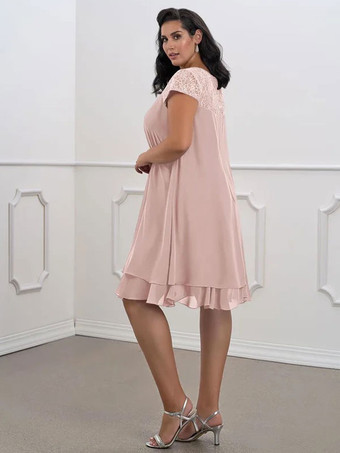 Robe de mère de mariée Robe de mariage d'invitée rose pale en chiffon col rond longueur genou