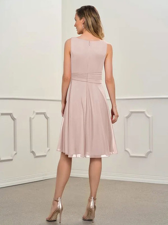 Robe de mère de mariée rose en chiffon col rond manche longue longueur au genou robe d'invitée